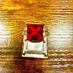 Princess Cut Large Simulated Ruby Crystal Accents Silver Cocktail Statement Ring